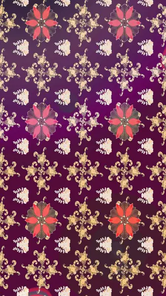 El çizimi çiçek unsurları olan soyut çizim raster deseni. Retro tekstil tasarım koleksiyonu. 1950-1960 motifleri. Mor üstüne mor. Çiçekli ipek eşarp..