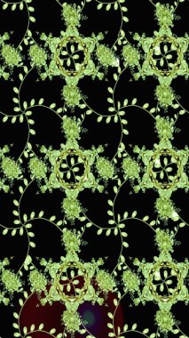 Raster illüstrasyonu. Siyah, yeşil ve nötr renklerde çiçekler. Tropikal çizim çiçek deseni.