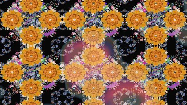 Arkaplan dokusu, duvar kağıdı, sarı renkli çiçek teması. Kabile sanatı boho baskısı, klasik çiçek arkaplanı. Soyut etnik raster çizim kalıbı.