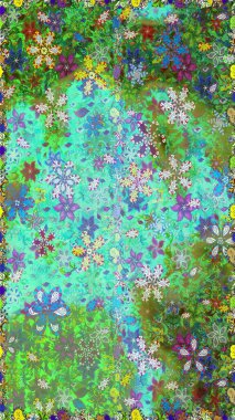 Yeşil ve mavi renkler. Yaz çiçekleri teması. Klasik çiçekler. Suluboya resim taklit Raster çizimi. El çizimi soyut süslü elementler.