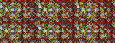 Kırmızı, kahverengi ve yeşil renkte etnik çiçeklerle süslenmiş zarif bir eskiz şekli. Raster Çiçek İllüstrasyon Şirin Tekstil.