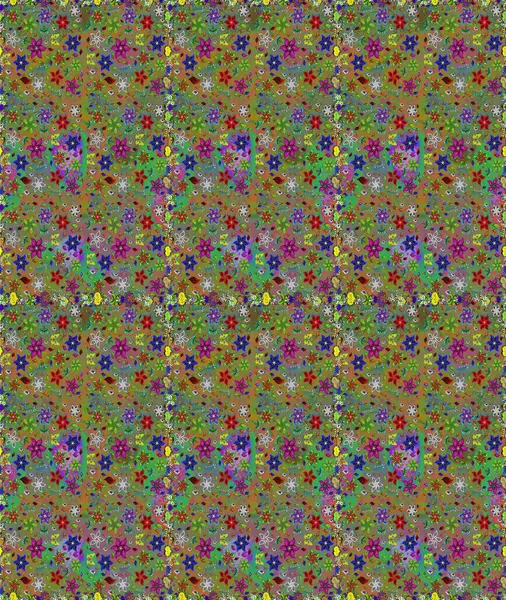 Yeşil ve kahverengi renklerde etnik çiçeklerle kusursuz bir desen. Raster Çiçek İllüstrasyon Şirin Tekstil.