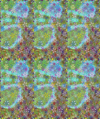 Elle boyanmış suluboya, dikişsiz çiçekler ve bitkiler. Yeşil ve mavi renkte çiçekler.