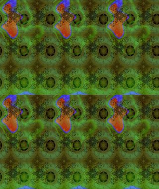 El çizimi çiçek unsurları olan soyut çizim raster deseni. Çiçekli ipek eşarp. 1950-1960 motifleri. Yeşil yeşile. Retro tekstil tasarım koleksiyonu.