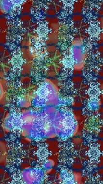 Mavi, kahverengi ve kırmızı renkte çiçekler. Kumaş desenli papatya çiçekleri ayrıntıları.