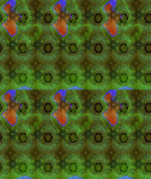 El çizimi çiçek unsurları olan soyut çizim raster deseni. Çiçekli ipek eşarp. 1950-1960 motifleri. Yeşil yeşile. Retro tekstil tasarım koleksiyonu.