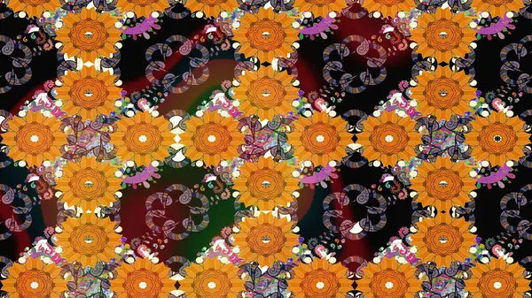 Taslak desenli, modaya uygun kumaş deseni. Raster illüstrasyonu. Düz Çiçek Elementleri Tasarımı. Renkli Bahar Teması eskiz kalıbı. Şirin çiçek elementleri..