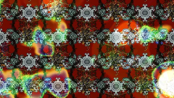 Retro tekstil tasarım koleksiyonu. Kahverengi, gri ve kırmızı kahverengi, gri ve kırmızı. El çizimi çiçek unsurları olan soyut çizim raster deseni. Çiçekli ipek eşarp. 1950 'ler-1960' lar motifleri.