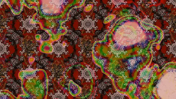 Kahverengi, kırmızı ve nötr küçük çiçekler ve kahverengi, kırmızı ve nötr renklerdeki komik böcekler, raster deseni, illüstrasyon.