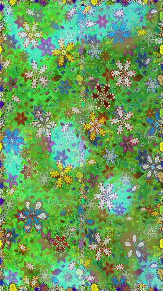 Arkaplan dokusu, duvar kağıdı, yeşil ve mavi renkli çiçek teması. Soyut etnik raster kusursuz desen. Kabile sanatı boho baskısı, klasik çiçek arkaplanı.