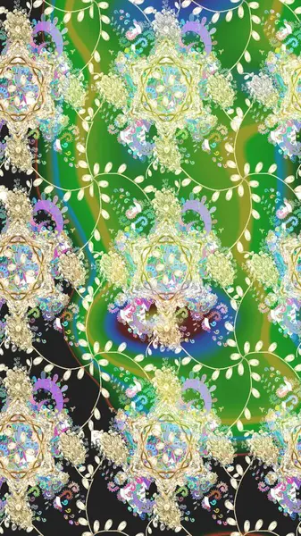 Yeşil renkli bitkilerden oluşan parlak çiçekli çizim deseni.