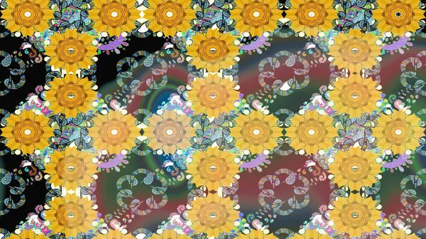 Renkli Yaz Temalı eskiz kalıbı. Raster Illustrasyon 'daki Çiçek Deseni' nin son moda çizimi. Sarı renkli çiçekler. Düz Çiçek Elementleri Tasarımı.