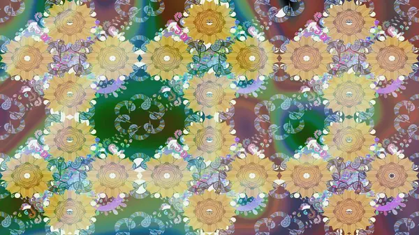 Miles Fleur, süslü püslü bir süs. Kumaş, tekstil, duvar kağıdı baskısı için. Eskiz geçmişi. Eski usul. Tomurcukları papatya çiçekleri olan sevimli bir çiçek deseni. Raster illüstrasyonu.