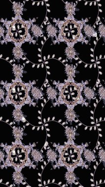 Eski usul. Raster illüstrasyonu. Eskiz geçmişi. Kumaş, tekstil, duvar kağıdı baskısı için. Renkli desenli eskiz deseni, siyah, nötr ve gri çiçekler ve dekoratif elementler..