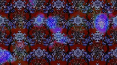 Kırmızı, kahverengi ve mor renkli etnik çiçeklerle süslenmiş zarif bir eskiz deseni. Asya Tekstil 'inde Raster Çiçek İllüstrasyonu.