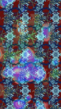 Mavi, kahverengi ve kırmızı renkte çiçekler. Kumaş desenli papatya çiçekleri ayrıntıları.