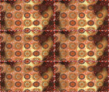 Renkli Yaz Temalı Kusursuz Arkaplan. Raster Illustrasyon 'da moda olmayan çiçek deseni. Düz Çiçek Elementleri Tasarımı. Kahverengi ve turuncu renkte çiçekler.