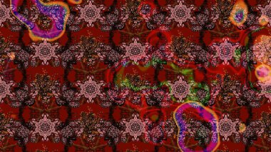 Raster deseni. Soyut çiçek çizim kalıbı arka planı. Raster illüstrasyonu. Kahverengi, kırmızı ve siyah renklerde. Küçük çiçekte sevimli çiçek deseni var..