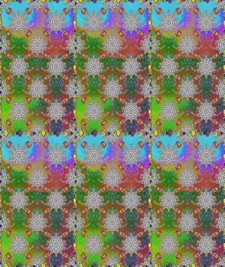 Kusursuz bir arka plan modeli. Yapraklı çiçekler ve yeşil ve gri renkli papatya çiçekleri. Raster - stok.