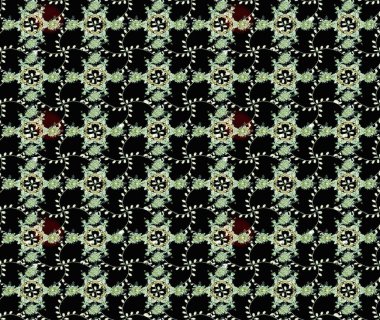 Siyah, nötr ve yeşil renklerde Asya tekstili. Çiçek desenli çizim. Raster illüstrasyonu.