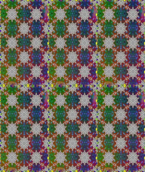 Raster illüstrasyonunda kusursuz çiçek deseni. Renkli Bahar Temalı Kusursuz Arkaplan. Düz Çiçek Elementleri Tasarımı. Gri ve kahverengi renkte çiçekler.