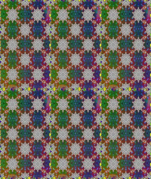 Raster illüstrasyonunda kusursuz çiçek deseni. Renkli Bahar Temalı Kusursuz Arkaplan. Düz Çiçek Elementleri Tasarımı. Gri ve kahverengi renkte çiçekler.