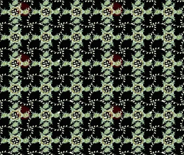 Siyah, nötr ve yeşil renklerde Asya tekstili. Çiçek desenli çizim. Raster illüstrasyonu.