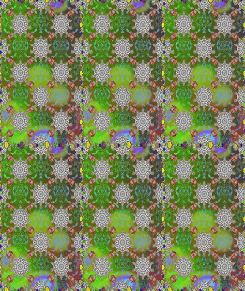 Raster illüstrasyonunda kusursuz çiçek deseni. Düz Çiçek Elementleri Tasarımı. Renkli Bahar Temalı Kusursuz Arkaplan. Yeşil ve gri renkte çiçekler.