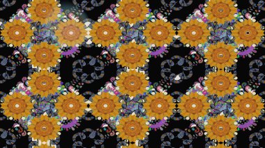 Raster illüstrasyonu. Düz Çiçek Elementleri Tasarımı. Çiçek desenli çizim. Renkli Bahar Teması eskiz kalıbı. Asya tekstil tarzında. Siyah renkte çiçekler.