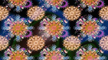 Renkli Bahar Teması eskiz kalıbı. Düz Çiçek Elementleri Tasarımı. Raster illüstrasyonundaki çiçek desenli çizim. Mavi renkte çiçekler.