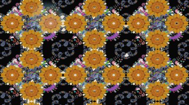 Raster illüstrasyonu. Düz Çiçek Elementleri Tasarımı. Çiçek desenli çizim. Renkli Bahar Teması eskiz kalıbı. Asya tekstil tarzında. Siyah renkte çiçekler.