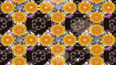 Düz Çiçek Elementleri Tasarım Raster illüstrasyonu. Çiçekli çiçek deseni, suluboya. Sarı renkli çiçekler. Renkli Bahar temalı eskiz deseni..