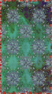 Çiçek süsü ile kusursuz desen. Raster illüstrasyonu. Yeşil ve mavi renkte çiçekler.