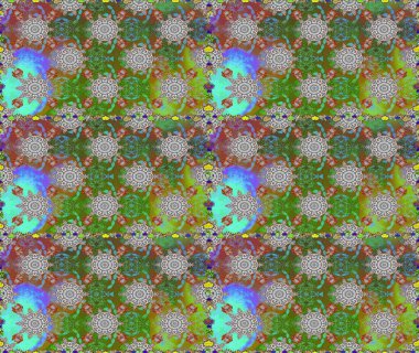 Raster illüstrasyonu. Yeşil ve gri renklerde bahar çiçekleri. Yaprak ve çiçeklerin suluboya resmi, yeşil ve gri renklerde pürüzsüz desen.