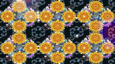 Çocuksu tasarım. Elle çizilmiş çiçek desenli Raster çizimi. Sarı arka planda. Tekstil, kumaş, ambalaj, hatıra defteri için güzel çiçek arkaplanı..