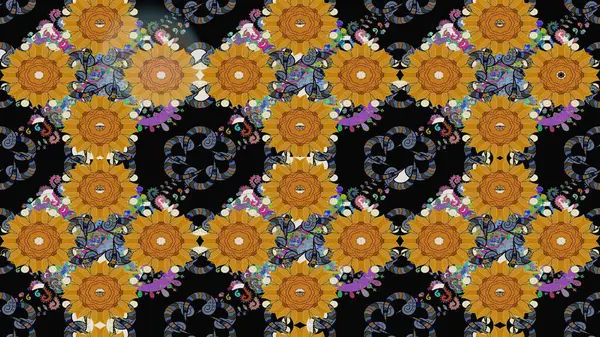 Raster illüstrasyonu. Düz Çiçek Elementleri Tasarımı. Çiçek desenli çizim. Renkli Bahar Teması eskiz kalıbı. Asya tekstil tarzında. Siyah renkte çiçekler.