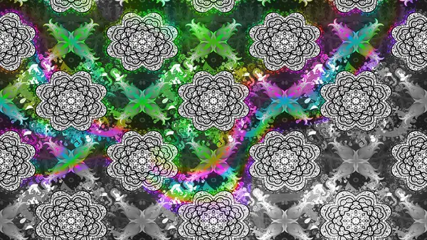 Raster - stok. Yapraklı çiçekler ve kır renkli papatya çiçekleri. Taslak arkaplan deseni.