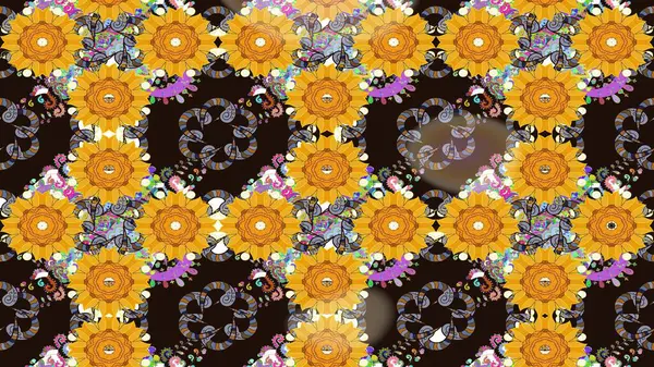 Düz Çiçek Elementleri Tasarım Raster illüstrasyonu. Çiçekli çiçek deseni, suluboya. Sarı renkli çiçekler. Renkli Bahar temalı eskiz deseni..