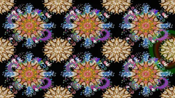 Renkli Bahar Teması eskiz kalıbı. Asya tekstil tarzında. Raster illüstrasyonu. Siyah renkli çiçekler. Çiçek desenli çizim. Düz Çiçek Elementleri Tasarımı.