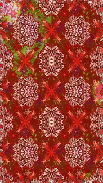 Millefleur 'lar. Küçük kırmızı ve kahverengi renkte oldukça eski bir besin torbası deseni, çiçekler. Tekstil, kumaş, kapaklar, duvar kağıtları, baskı, naylon, yapıştırma, örgü, dekupaj için çiçeksiz arkaplan.