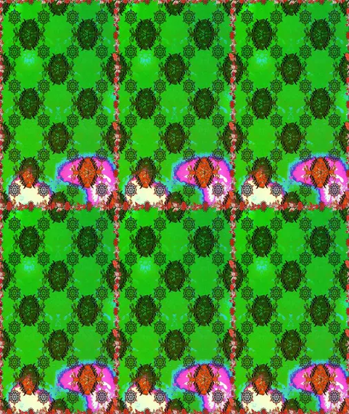 Yeşil ve gri renkte etnik çiçeklerle kusursuz bir desen. Raster Çiçek İllüstrasyon Şirin Tekstil.