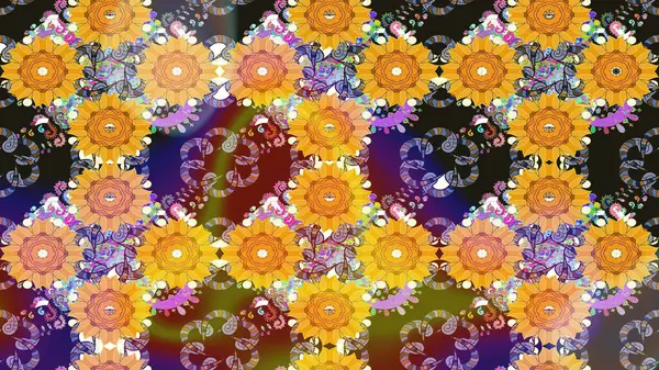 Sevimli çiçek raster deseni. Renkli Bahar Teması eskiz kalıbı. Sarı renkli çiçekler. Düz Çiçek Elementleri Tasarımı.