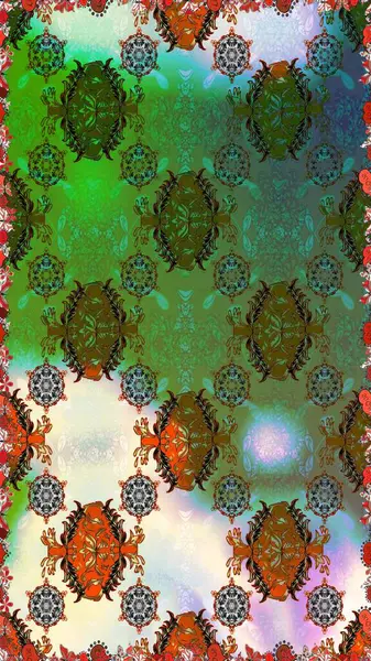 Yeşil ve kahverengi kıvırcık çiçekler yeşil ve kahverengi renklerde şekillenirler. Raster illüstrasyonu. Klasik çiçek tasarım elementleri.