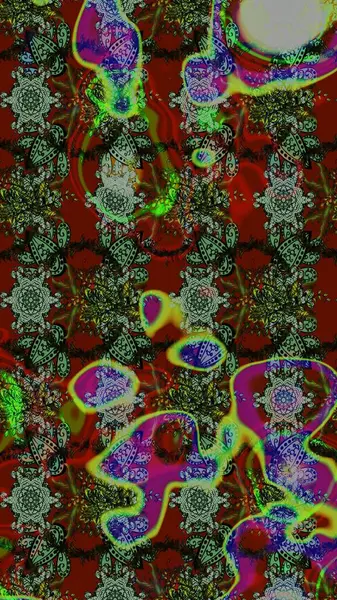 Renkli grunge, koyu yeşil, kırmızı ve gri çiçeklerle soyut bir arka plan oluşturur. Nakış desenli çiçek deseni. İzler, kumaş, duvar kağıtları, tekstil için raster dokusu.