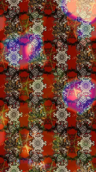 Raster illüstrasyonu. Kahverengi, kırmızı ve bej renkli çiçekler. Raster illüstrasyonu. Asya tekstil tarzında. Çiçek desenini çiz.