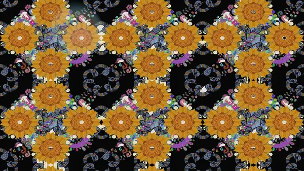 Raster illüstrasyonu. Düz Çiçek Elementleri Tasarımı. Çiçek desenli çizim. Renkli Bahar Teması eskiz kalıbı. Asya tekstil tarzında. Siyah renkte çiçekler.