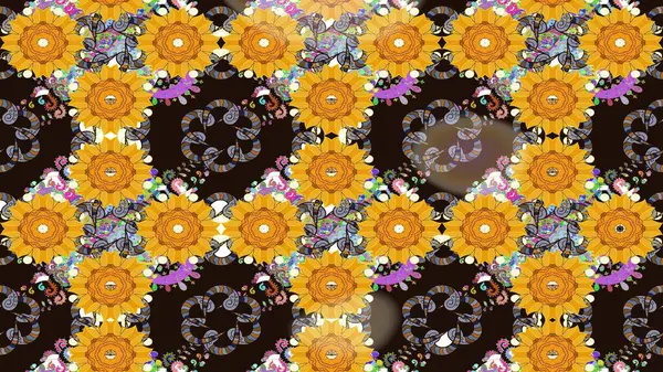 Düz Çiçek Elementleri Tasarım Raster illüstrasyonu. Çiçekli çiçek deseni, suluboya. Sarı renkli çiçekler. Renkli Bahar temalı eskiz deseni..