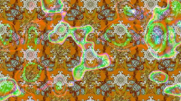 El çizimi çiçekli soyut çizim kalıbı. Raster illüstrasyonu. Kahverengi, turuncu ve yeşil renkte çiçekler.