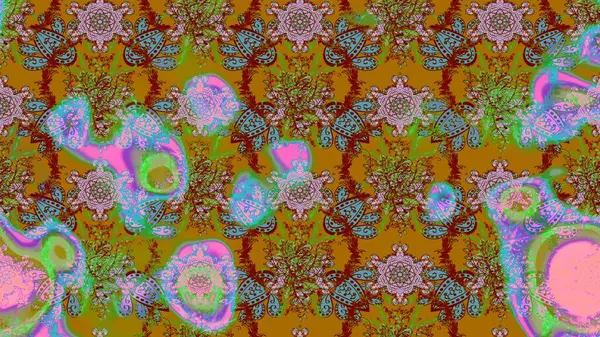 Kahverengi, yeşil ve kırmızı renkte çiçekler. El çizimi çiçekli soyut çizim kalıbı. Raster illüstrasyonu.