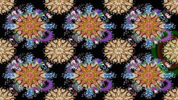 Renkli Bahar Teması eskiz kalıbı. Asya tekstil tarzında. Raster illüstrasyonu. Siyah renkli çiçekler. Çiçek desenli çizim. Düz Çiçek Elementleri Tasarımı.